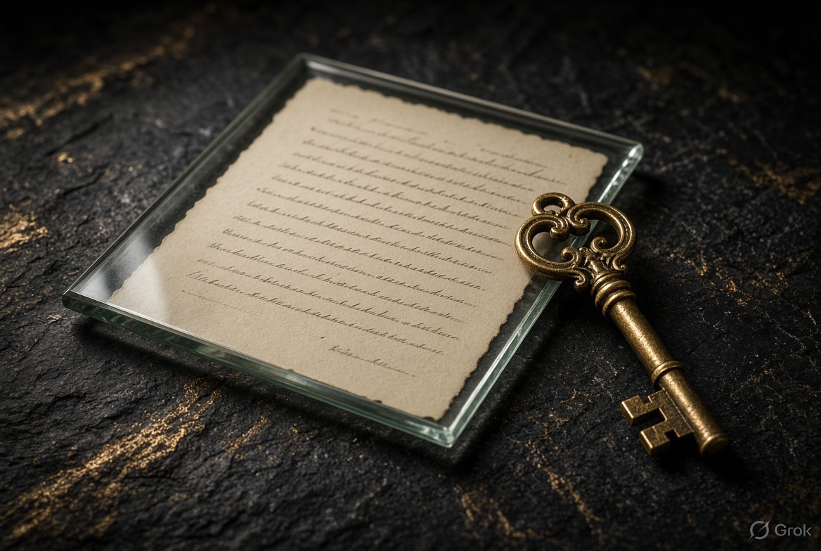 A document under glass beside a brass key