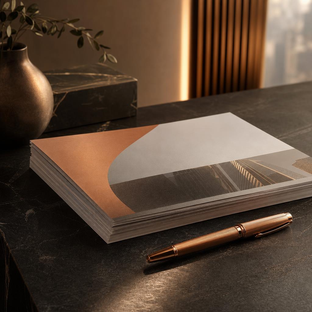 Investor papers and a copper-toned pen arranged on a stone table