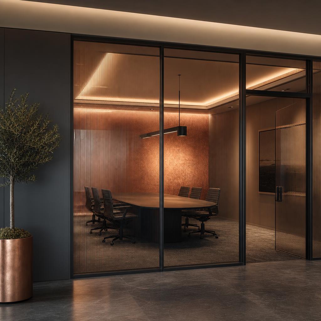 A warmly lit private meeting room behind ribbed glass