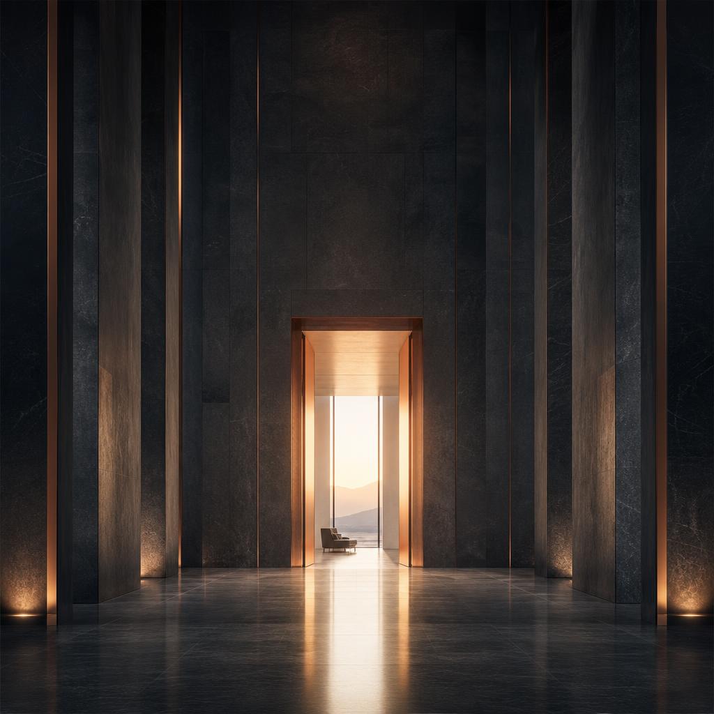 Warm light through a doorway in a dark stone gallery